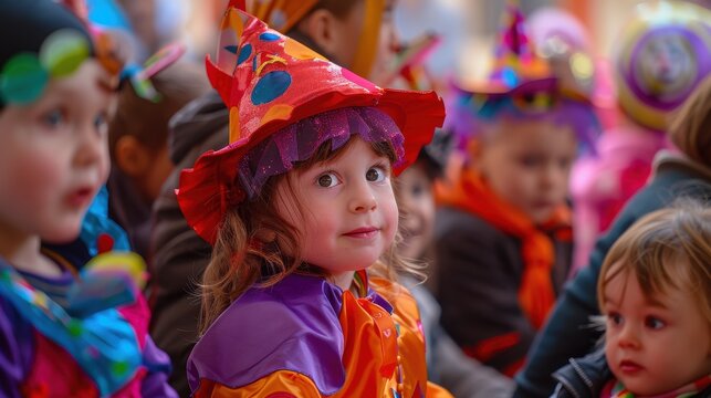 Children dressed in colorful costumes and hats at a festive event, creating a vibrant and joyful atmosphere.