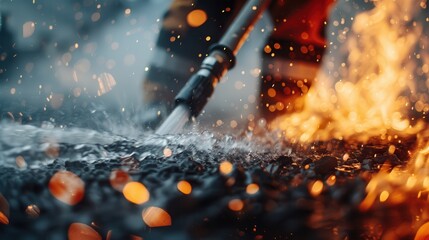 The intense moment of a firefighter’s hose spraying water onto a fiery ground, with a dramatic blend of water, sparks, and smoke, highlighting the intensity of fire combat.