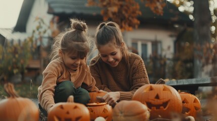 Fototapeta premium Two young girls are playing with pumpkins in a yard