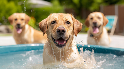 A heartwarming capture of labradors splashing in a small pool at a dog park 