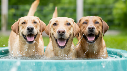 A heartwarming capture of labradors splashing in a small pool at a dog park 