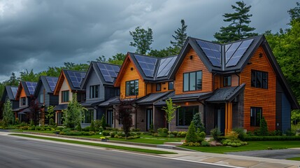 Naklejka premium A row of Modern houses with solar panels on the roof. Alternative and Renewable energy concept. generative ai