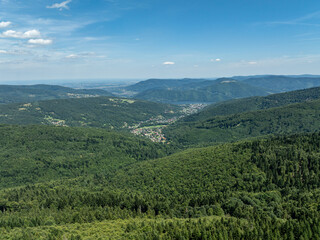 Fototapeta premium Beskid summer mountains panorama. Stunning drone view of summer green forests in the Beskids, Bielsko-Biała,Lake Zywieckie, Gora Zar, .