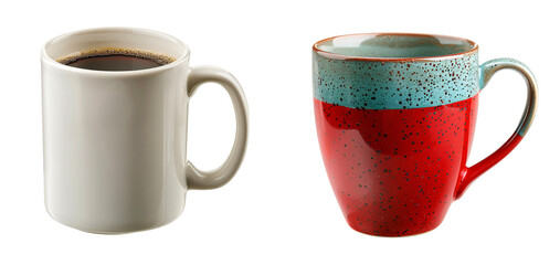 Set of Two Stylish Coffee Mugs: Classic White and Vibrant Red with Blue Speckles Cut out on a White isolated background.