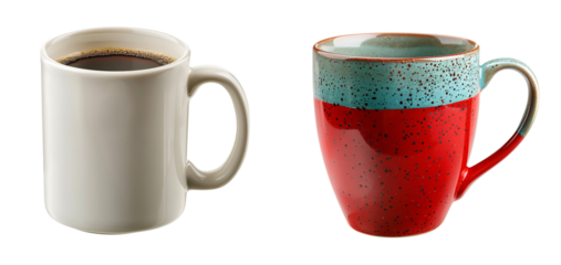 Set of Two Stylish Coffee Mugs: Classic White and Vibrant Red with Blue Speckles Cut out on a White isolated background.