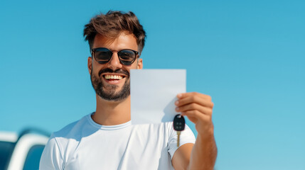 A passing driving test certificate held by a smiling student driver, car keys in the other hand, clear blue sky in the background 