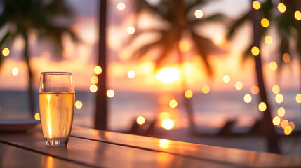 A serene beachside dining setup with blurred sunset, palm trees, and warm, ambient lighting making for a picturesque and tranquil scene 