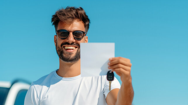 A passing driving test certificate held by a smiling student driver, car keys in the other hand, clear blue sky in the background 