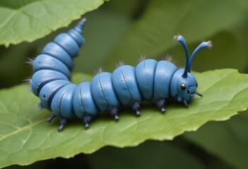 Blue Caterpillar Crawling on Green Leaf: Butterfly Larva Eating