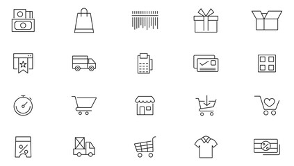 Shopping line icon set.Online shopping, E-Commerce, discount, gifts, shop, delivery, marketing, store, money, price, cashback, and card payment Outline icon collection. UI thin icons pack