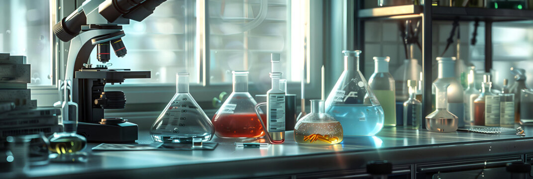 Well-equipped chemical, medical, pharmaceutical or educational research laboratory. Modern instruments, a powerful microscope, flasks, test tubes and burettes with multi-coloured substances.