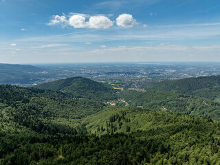 Obraz premium Stunning Aerial Drone View of Summer Green Forests in the Beskid Mountains, Bielsko Biala, Magurka Wilkowicka. Beskid summer mountains panorama.