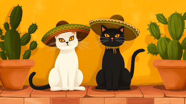 An illustration of 2 Mexican cats wearing sombrero posing for a picture in chapala 