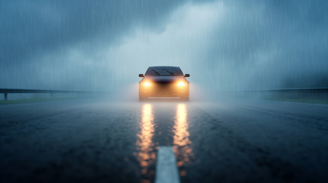 Car swerving on a flooded highway, emergency lights on, heavy rain, dark clouds above, dramatic scene 