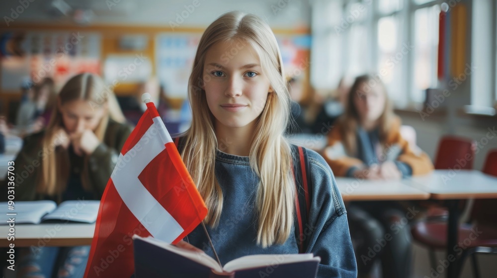 Poster A student in a classroom reads a book while proudly displaying a Norwegian flag, surrounded by classmates engaged in their studies.