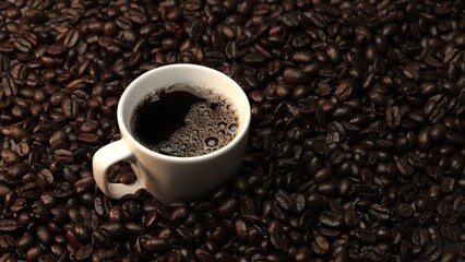 Top view of coffee or espresso with piles of coffee beans. Close up of fresh roasted coffee bean scatter around wooden table with cup of americano and aromatic stream and smoke from seed. Comestible.