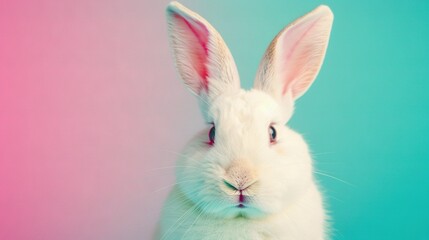 Obraz premium A close-up of a rabbit's face on a blue and pink background with a central pink spot