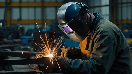 Shielding gas and flux for welding with close up of automated system technician&rsquo;s protective gear and high tech equipment in use