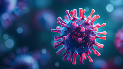 Closeup of a bird flu virus particle attacking a cell, detailed scientific illustration, vibrant colors 