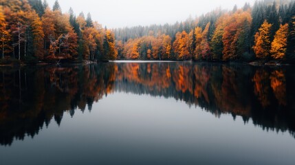 Obraz premium A picturesque autumn forest with vibrant orange and red foliage reflecting perfectly on a calm, glassy lake surface, illustrating the beauty of fall.