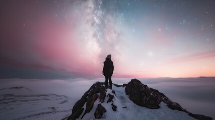 Fototapeta premium A breathtaking image of a person standing on a snowy mountain top under a starry night sky, symbolizing solitude, exploration, and the endless wonders of the universe.