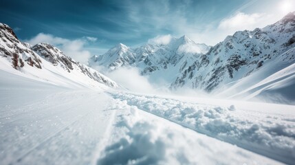 Fototapeta premium This image showcases snow-covered mountain peaks under a clear blue sky, creating a breathtaking winter landscape perfect for nature and outdoor enthusiasts.