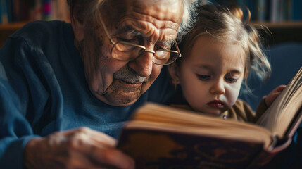Close-up of a grandparent reading to a child with abstract, soft lighting and warm tones