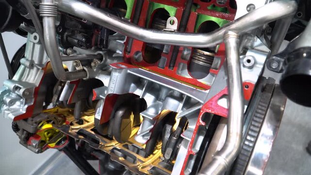 Close up 4k footage  of a  detail of an educational sample of a  four-stroke internal combustion engine in section