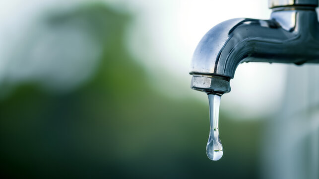 Closeup of a water faucet dripping, symbolizing water scarcity in urban areas 
