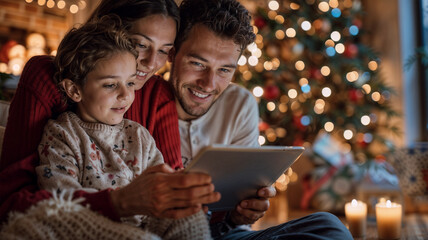 A joyful family, including parents and a child, gathered around a tablet at Christmas, with a beautifully decorated Christmas tree and holiday lights in the background.