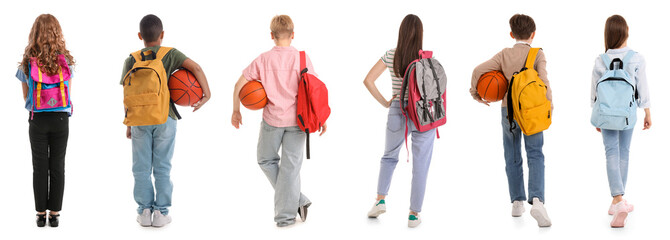 Set of school children with backpacks on white background, back view