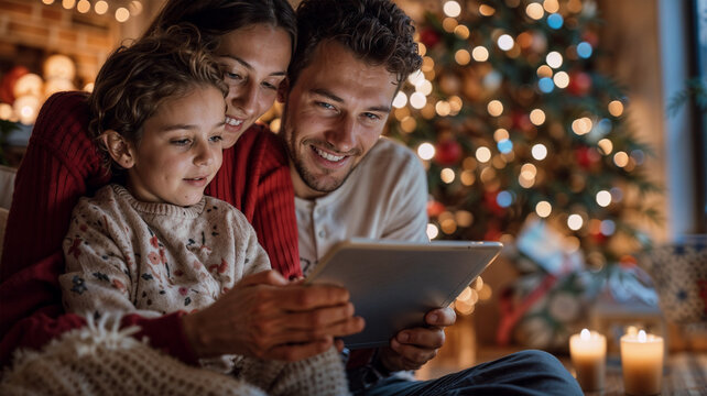 A joyful family, including parents and a child, gathered around a tablet at Christmas, with a beautifully decorated Christmas tree and holiday lights in the background.
