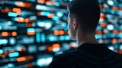 Futuristic scene of AI generating video content on a large digital screen, glowing algorithms and graphics, techy ambiance 