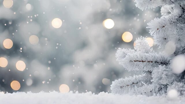 Winter abstract minimal background with fir tree branches covered with snow and copy space.
