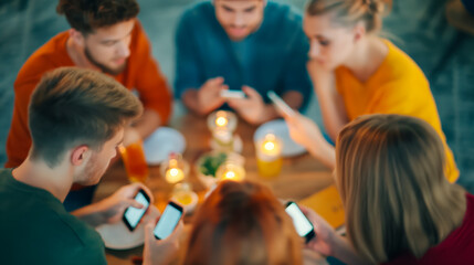 High angle view of a person glued to their phone while ignoring friends at a social gathering 