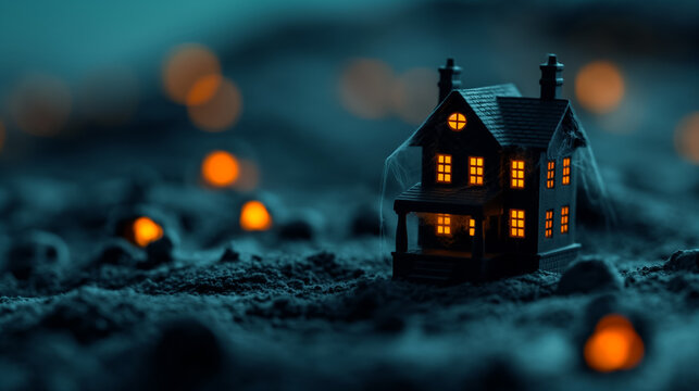 High angle view of a space-themed haunted house with cobwebs and eerie lights on an asteroid 