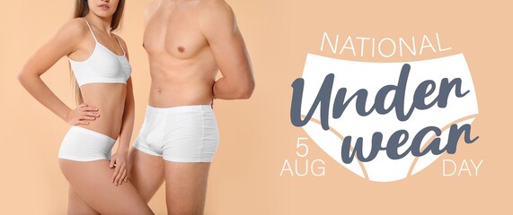 Young couple in underclothes on beige background. Banner for National Underwear Day