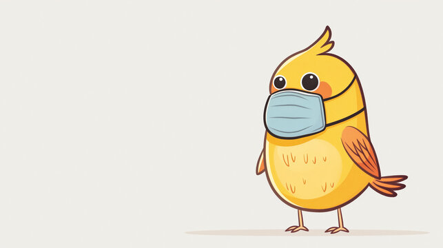 Illustration of a bird wearing a mask to symbolize bird flu prevention, cartoonish style, light background 