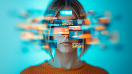Isolated image of a person with a futuristic device projecting multiple shopping ads, overwhelmed by consumerism 