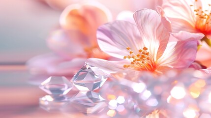   A close-up of a pink flower with a diamond in its center and a blurred background