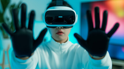 Person wearing VR headset and gloves, interacting with AI to create video content, futuristic home studio, vibrant lighting 