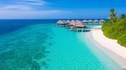 Secluded beaches of the Maldives, aerial view, with crystal-clear waters and overwater bungalows 