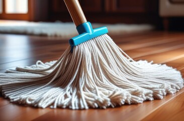 Plastic spin mop with handle stick and round brush for floor cleaning. Domestic manual supply for housework. Cleaning concept.