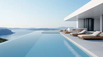 Fototapeta premium Modern infinity pool with sun loungers overlooking water and mountains on a clear day with a minimalist design