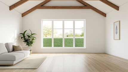 Wide-angle view of a Scandinavian living room with large windows, white walls, wooden beams, and simple yet elegant decor, empty space for text 