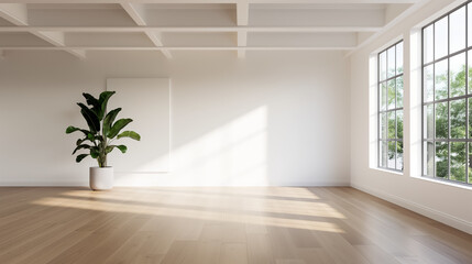 Wide-angle view of a Scandinavian living room with large windows, white walls, wooden beams, and simple yet elegant decor, empty space for text 