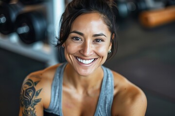 A fit muscular female personal trainer smiling at the camera in a gym, close up