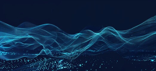 Dark blue background with light trails of data flowing, symbolizing the flow and fast performance of AI technology networking and progress