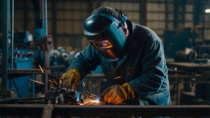 Automated welding and metal joining process with close up of welding robot safety gear and technician’s precision in action