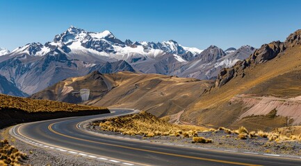 Winding mountain road ina Valley, California with snow-capped mountains and golden rocks on the sides. mountain range with snow capped mountains in the distance and a cloudy sky.